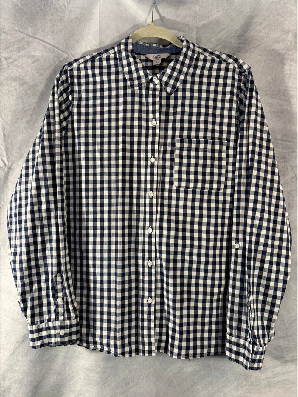 Croft & Barrow Men's Large Blue White Gingham Button Front Long Sleeve Shirt